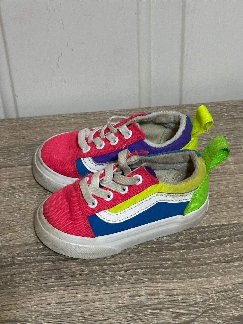 Vans Toddler Old Skool Colorblock Elastic Laces Canvas Sneakers, Neon Multi Sz 4